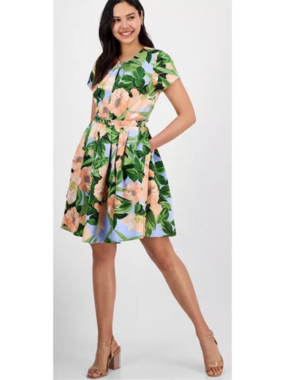 Tahari ASL Women's Floral Belted Pleated Short Sleeve Dress Size 8